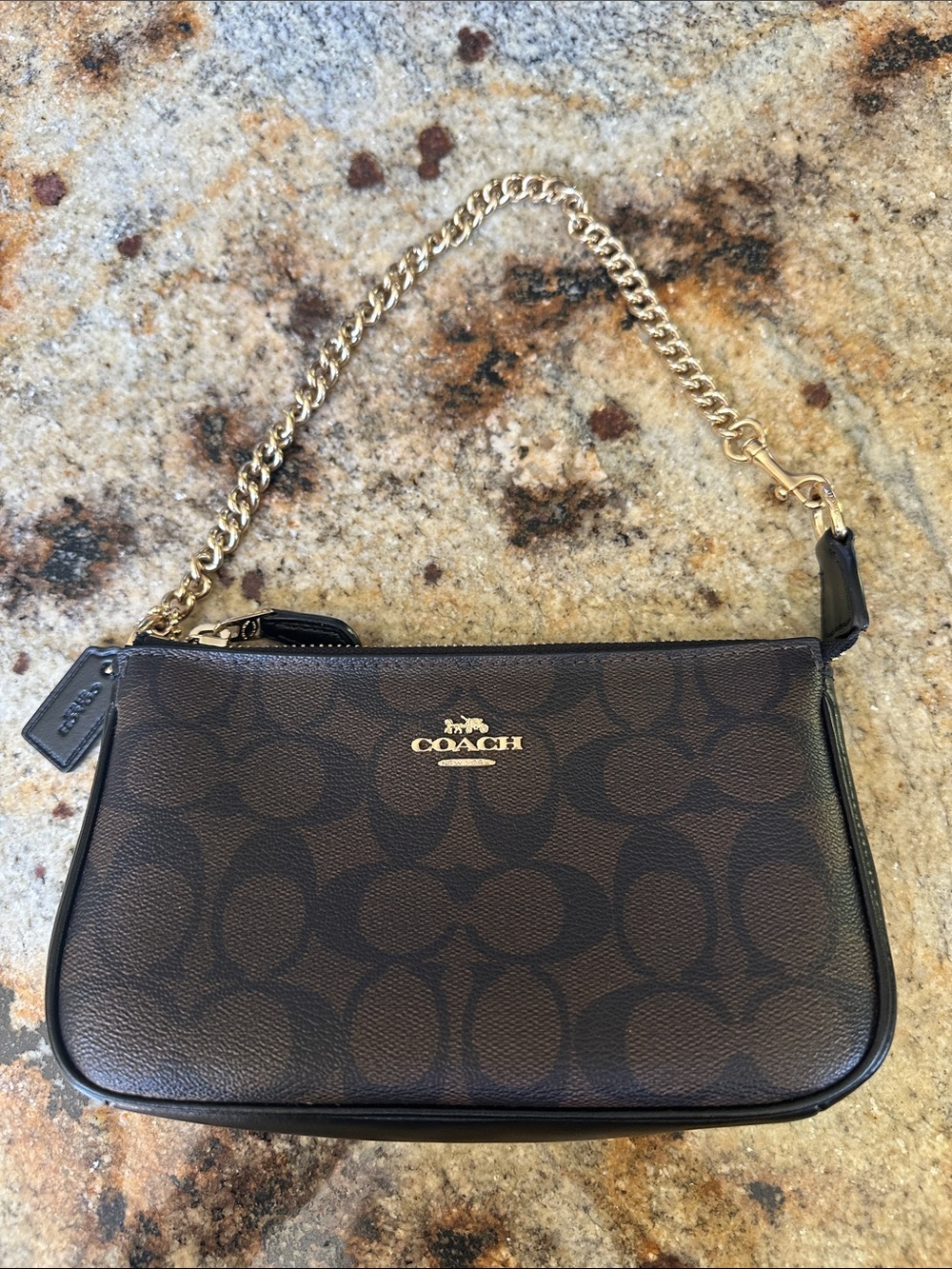 Coach Brown Signature Canvas Wristlet with Gold Chain